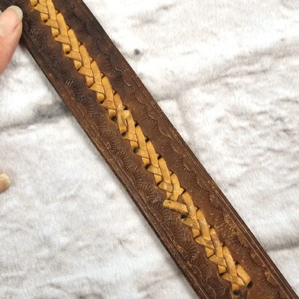Recho Mexico Men’s Brown Tooled Braided Leather Belt Size 34